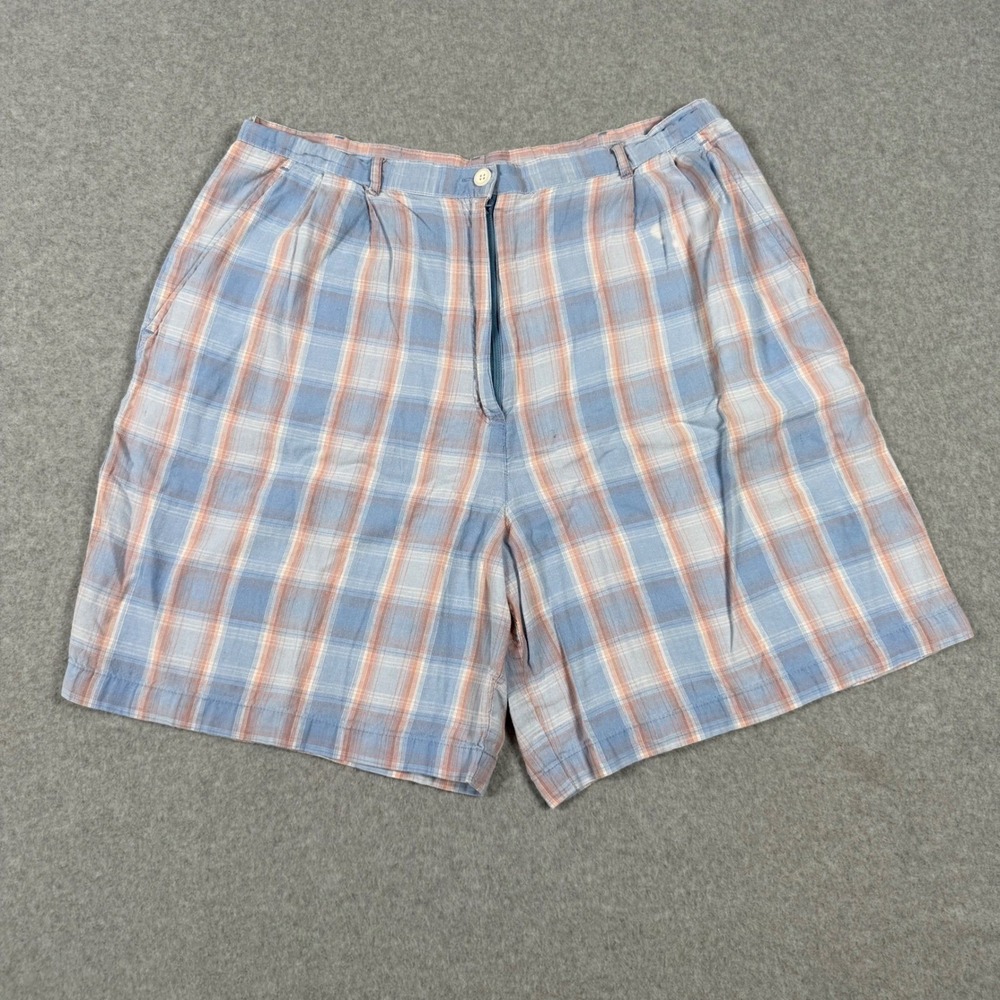 Pendleton Originals Womens Blue Peach Plaid Linen Blend Pleated Shorts Size 16